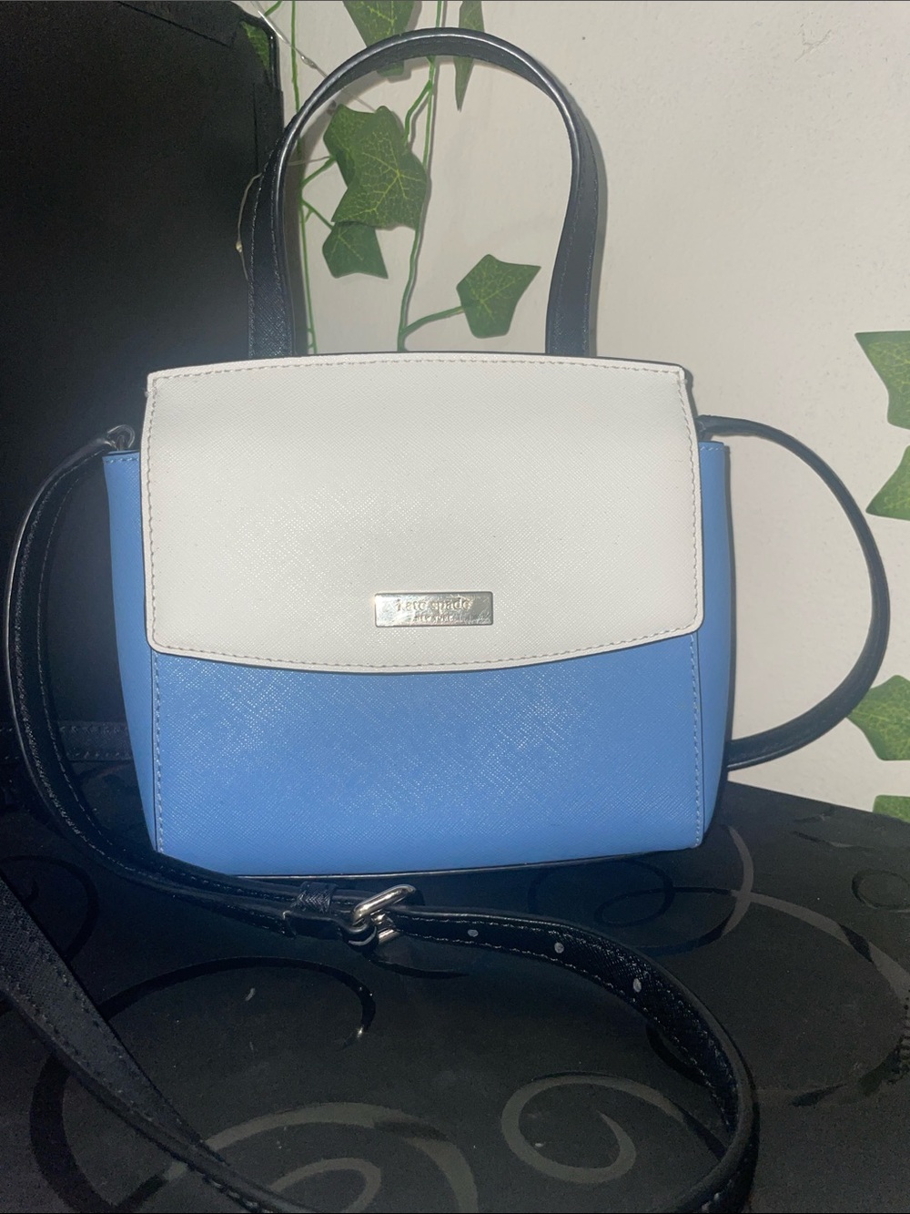 kate spade Two-Tone White and Light Blue Crossbody with Black Strap
